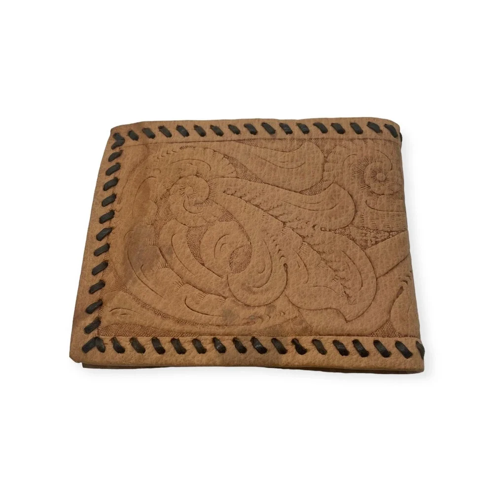 Vintage Amity Tooled Natural Leather Billfold Bi-Fold‎ Brown